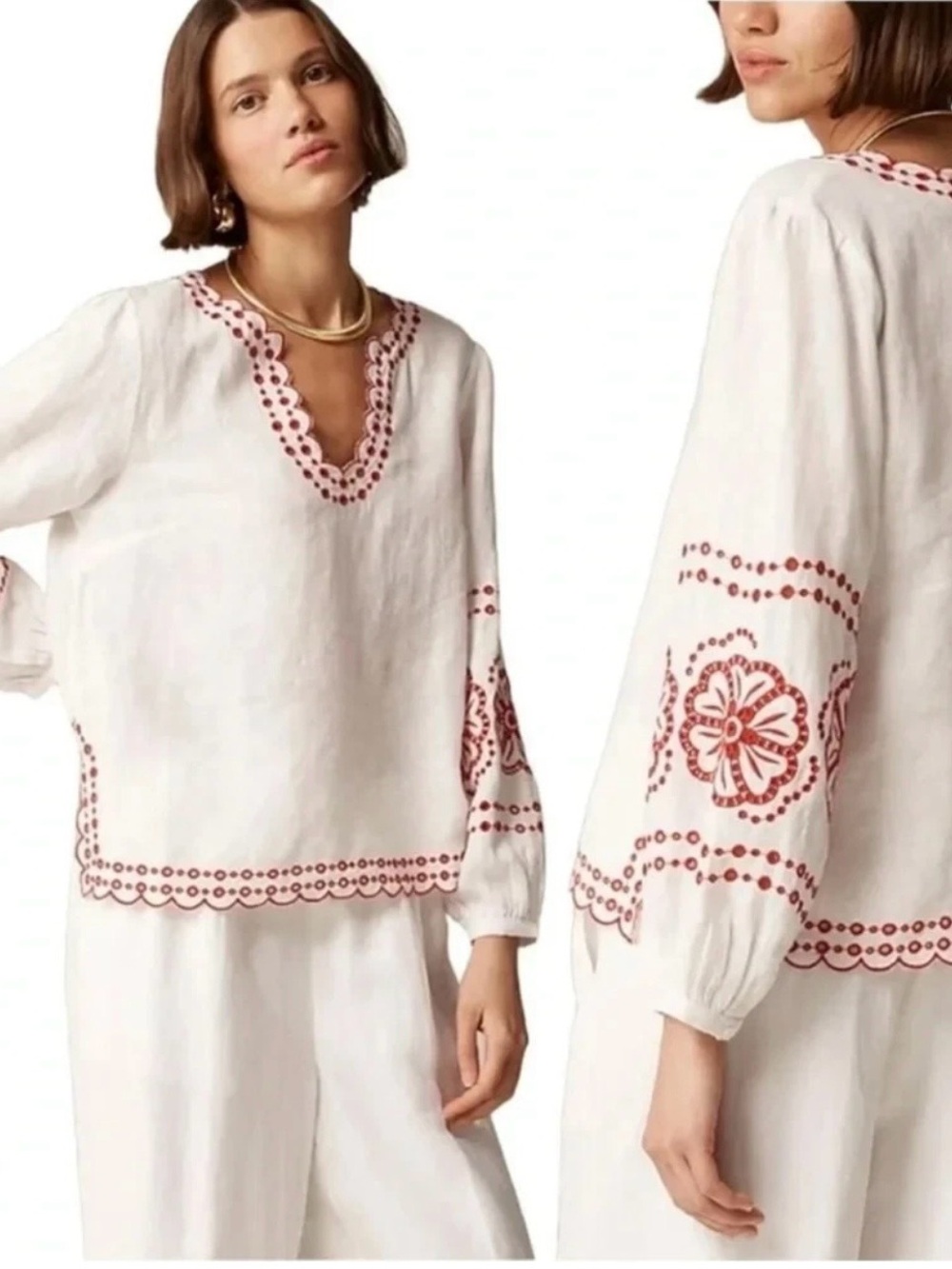 J. CREW White Linen Embroidered Long Sleeve Blouse Red Floral / Excellent Condit